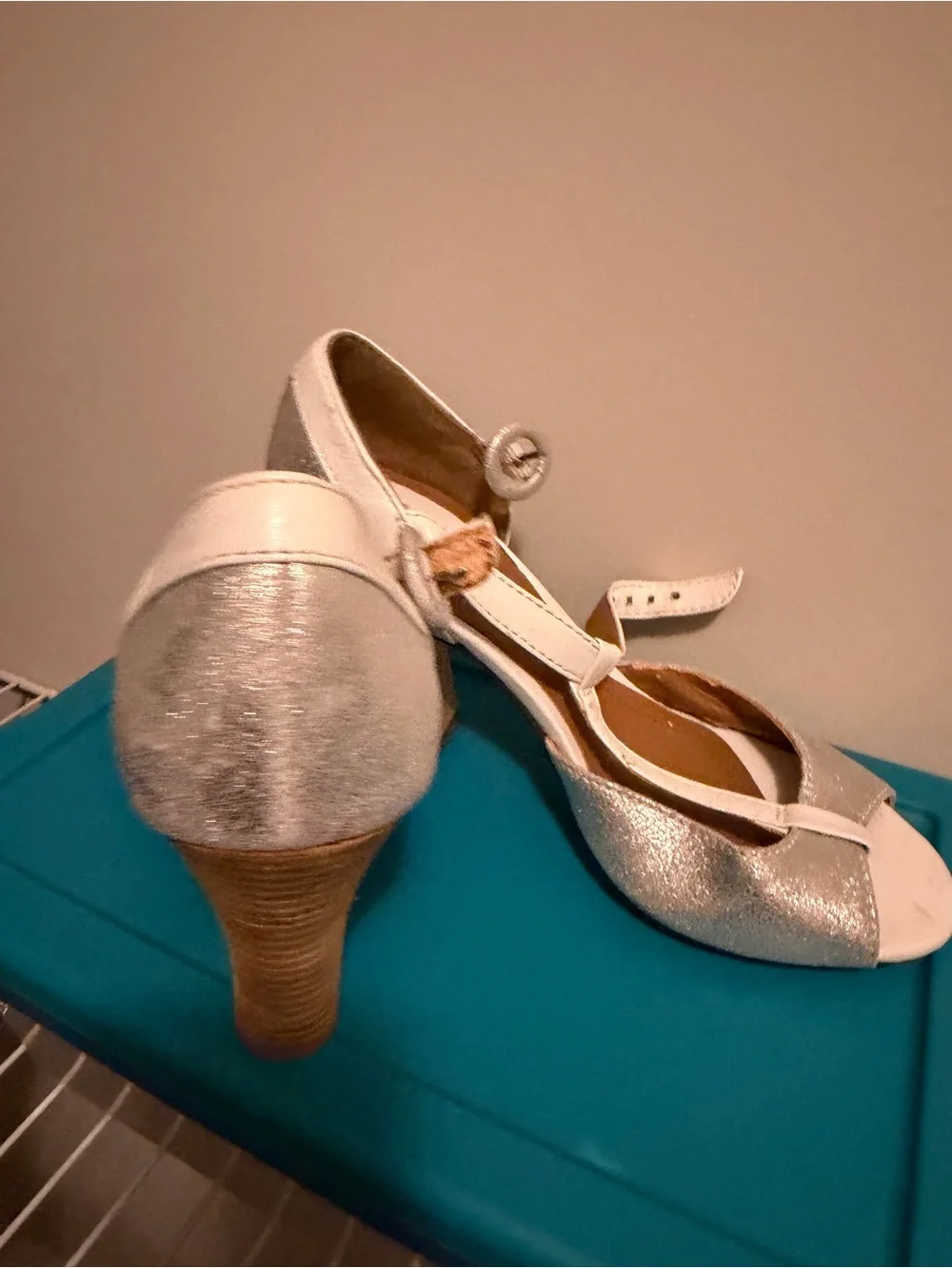 White and Silver T-Strap Mid Heel Pumps